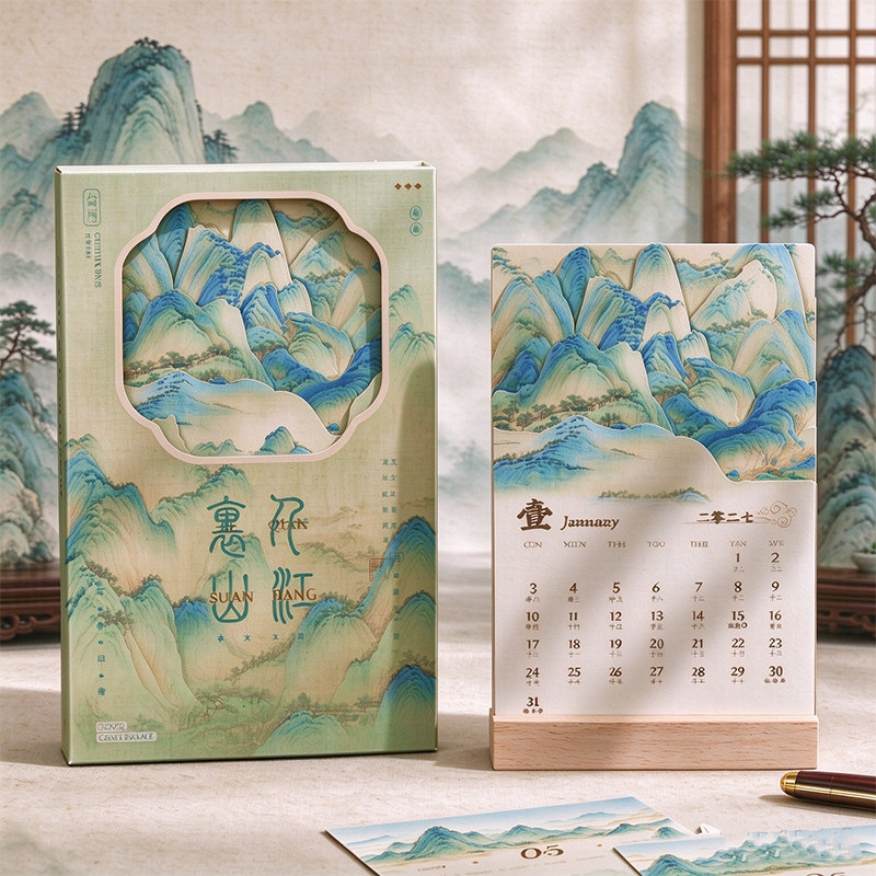 台历2027年新款定制月历木质立体千里江山日历桌面办公室摆件高颜值商务简约公司年会员工礼品企业订制logo