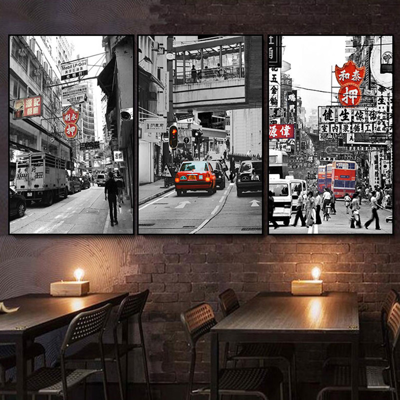 香港街景挂画复古怀旧黑白港式