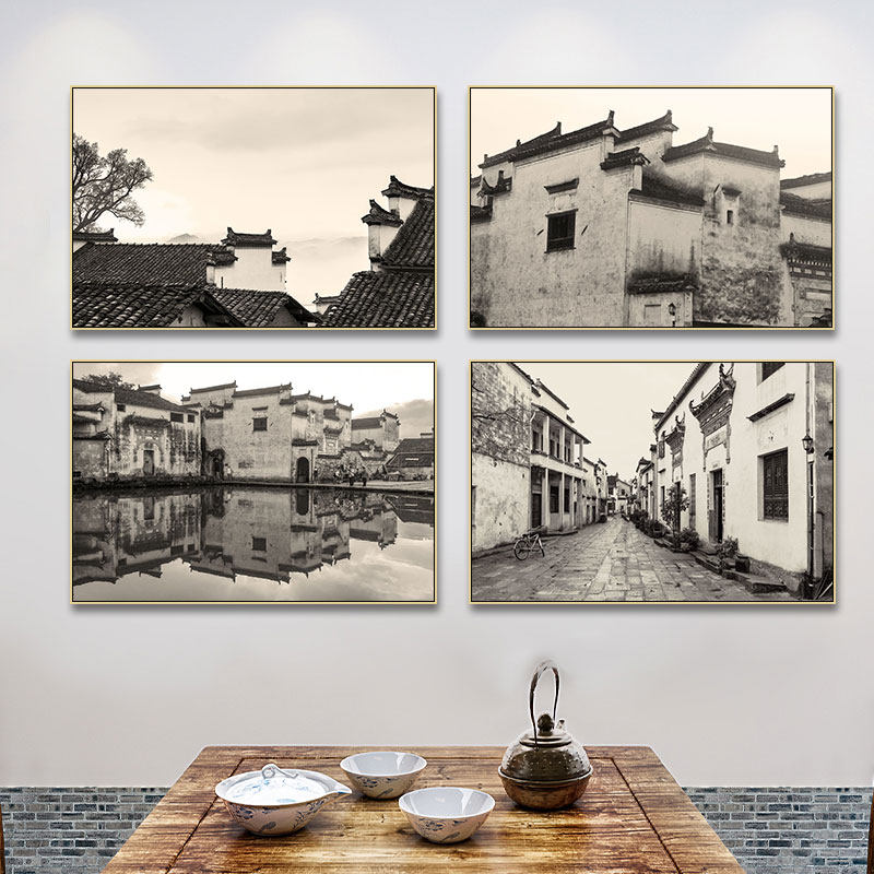 复古风徽派建筑风景装饰画黑白