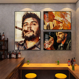 美式油画风丘吉尔壁画雪茄名人装饰画工业风威士忌酒吧会所挂画