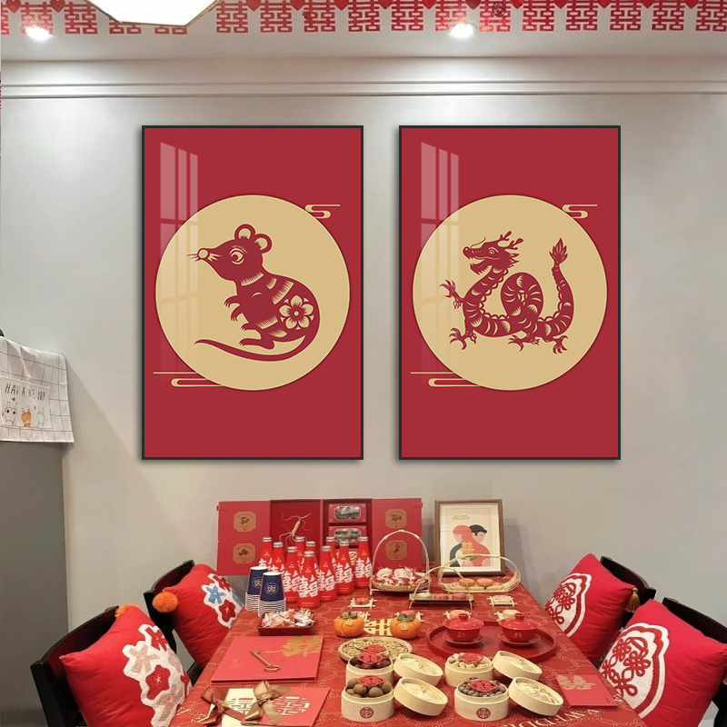 十二生肖动物装饰画鼠牛虎兔龙蛇马羊猴鸡狗猪挂画喜庆红客厅壁画图片