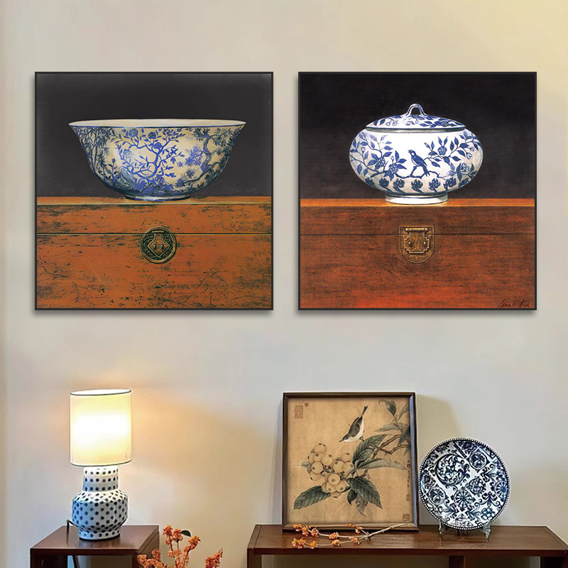 青花瓷装饰画新中式瓷器陶瓷花瓶挂画中古风餐厅茶室玄关茶瓶壁画图片