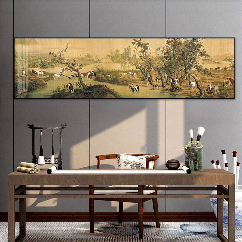 郎世宁百骏图装饰画新中式客厅沙发背景挂画骏马国画名画书房壁画
