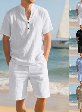 Men's Linen Short Sleeve + Shorts Set Summer 2-Piece Outfit