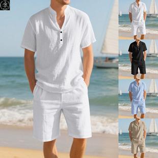 Men's Linen Short Sleeve + Shorts Set Summer 2-Piece Outfit