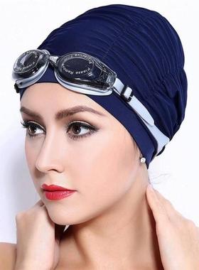 Swimming Caps Long Hair Swim Cap Pleated Cloth Fabric Bathin