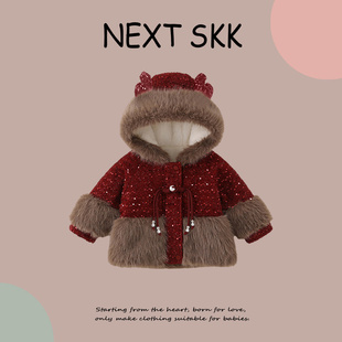 加绒加厚棉服女孩喜庆新年服 新款 英国NEXT SKK女童拜年服外套冬季