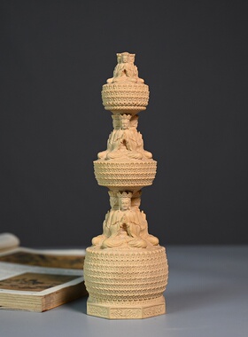 小叶黄杨木雕刻祈福佛塔摆件三面佛塔佛像中式实木家居雕刻工艺品