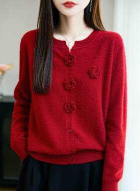 ROUMIKL静奢衫女圆领针织开衫立体花朵手工钩花长袖毛衣外套上衣