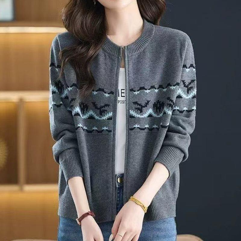 ROUMIKL法式费尔岛提花miu系开衫女2025新长袖别致上衣拉炼毛衣针