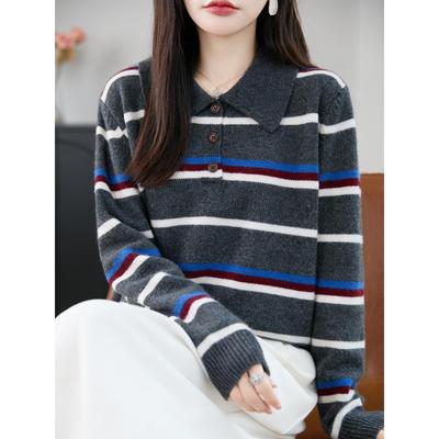 ROUMIKL法式覆古条纹POLO领针织衫2025新款宽松加厚保暖轻熟风打