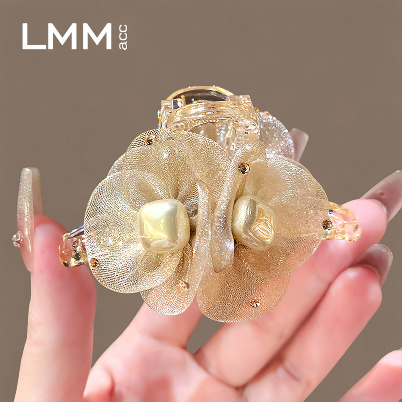 高级感浅香槟色花朵抓夹女新款水钻网纱鲨鱼夹韩版后脑勺半扎发夹