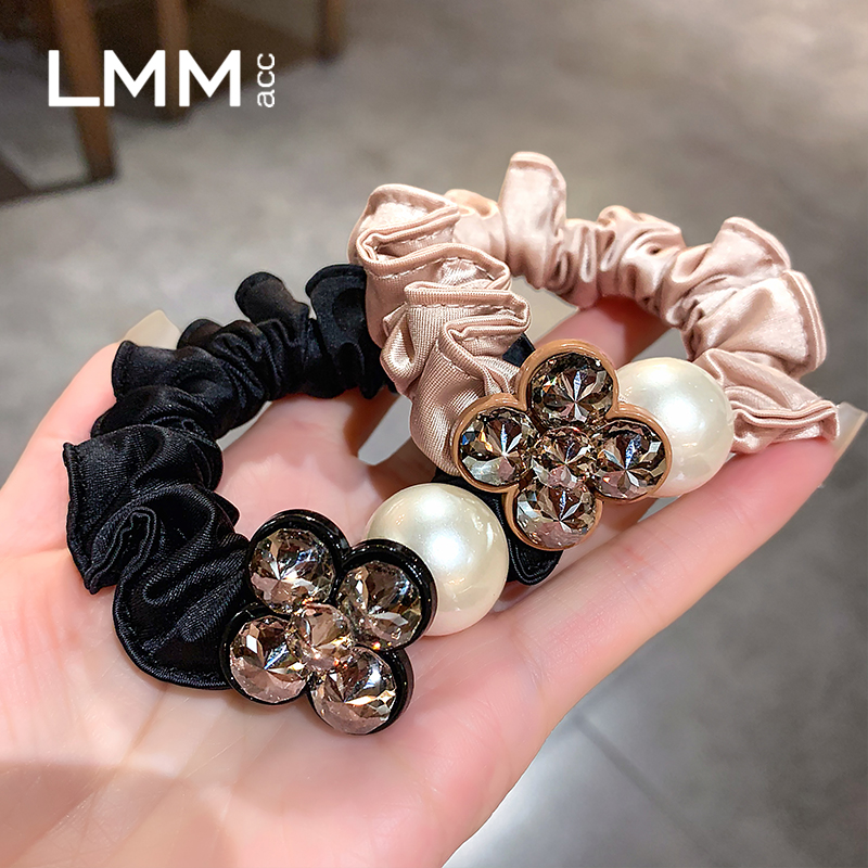 轻奢盘丸子头发绳皮筋新款百搭珍珠小肠发圈高级感镶钻扎头花女