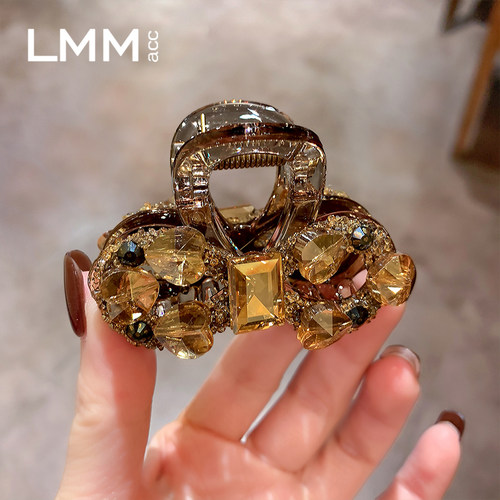 轻奢香槟色水晶满钻盘发抓夹