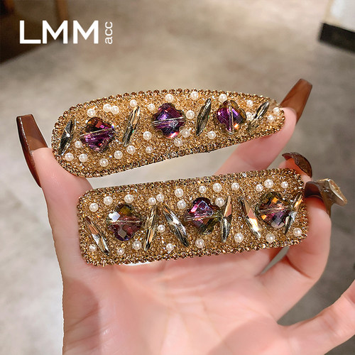 女重工香槟色水晶水钻刘海夹