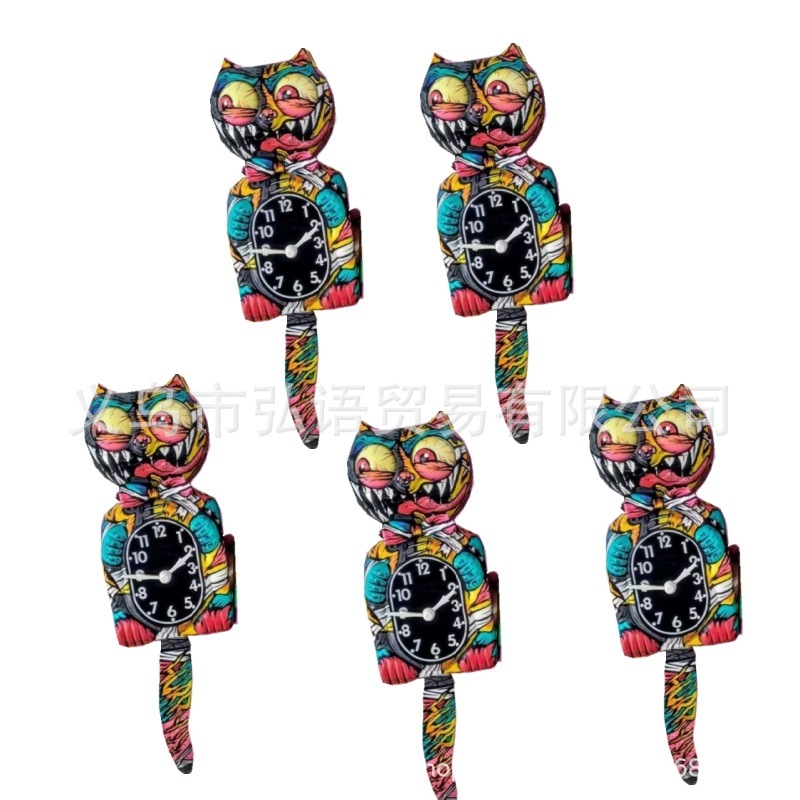 跨境新款创意挂件涂鸦个性猫咪挂钟招财猫尾巴摆动家居墙面装饰品
