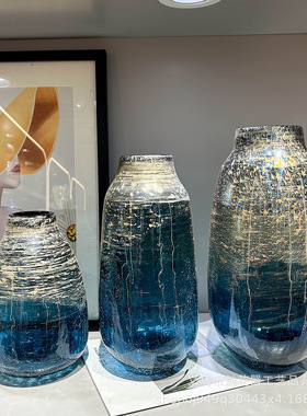创意轻奢蓝色鎏金冰裂纹手工花瓶家居样板间办公室高级感装饰