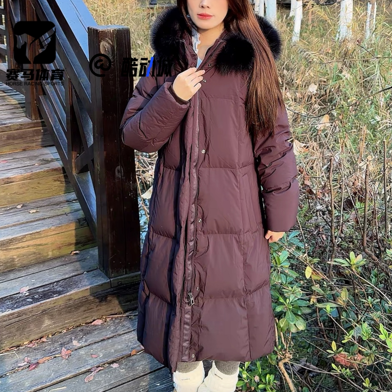 可隆深棕连帽保暖中长款羽绒服