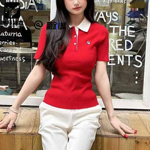 斐乐红色复古舒适Polo领针织衫