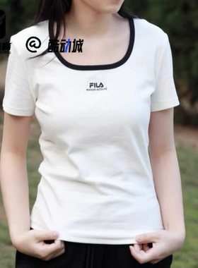 FILA斐乐 白色女子高弹力修身时尚运动休闲短袖T恤F11W529108F-WT