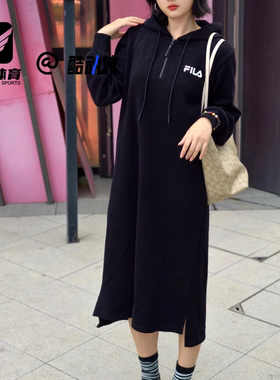 FILA斐乐 ORIGINALE 黑色女子长款连帽宽松连衣裙F51W539303FBK