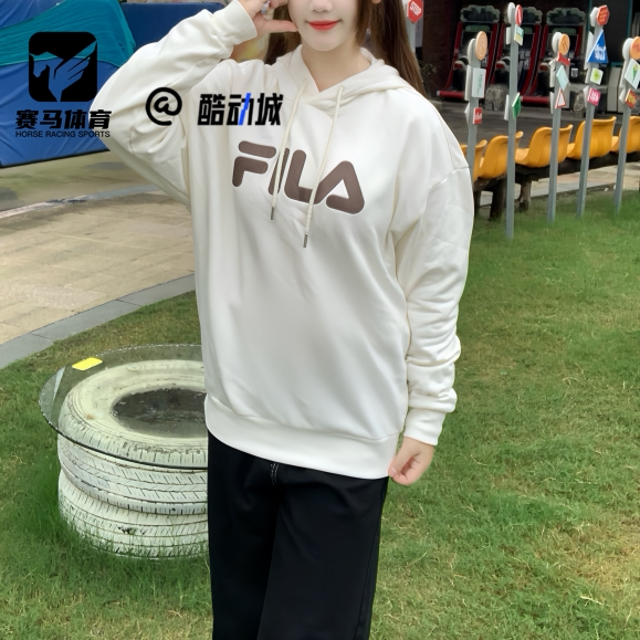 FILA奶盐白男女加绒连帽卫衣