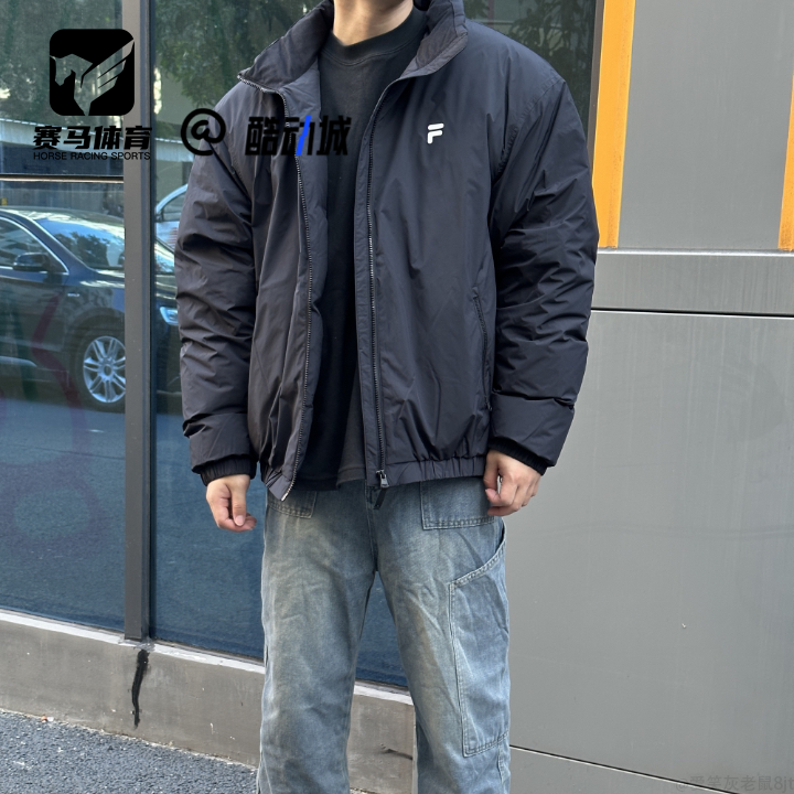 FILA黑色男子立领保暖羽绒服