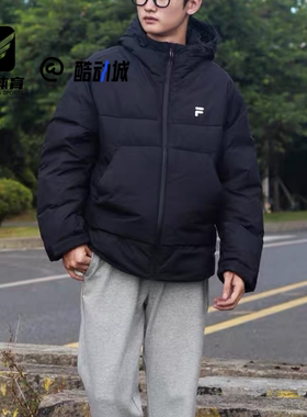 FILA斐乐 FOB黑色男女舒适百搭时尚保暖连帽羽绒服T11U543903FBK