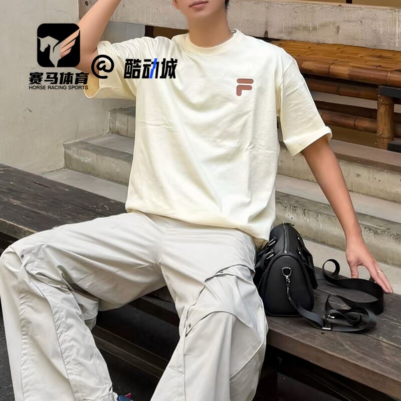 斐乐QR仿古白男女子宽松印花T恤