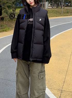 FILA斐乐 FOB黑色男女百搭休闲保暖立领羽绒马甲T11U543901F-BK
