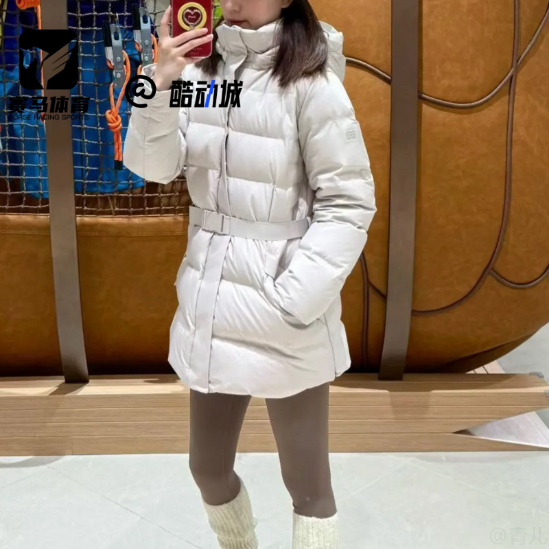 可隆燕麦色中长款防风保暖羽绒服