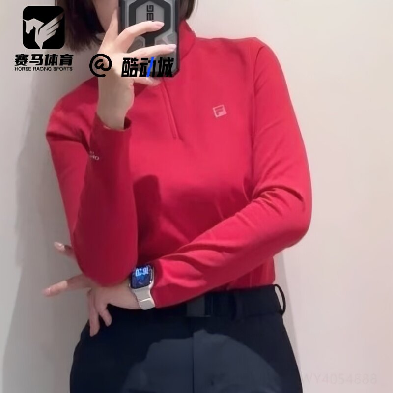 斐乐红色舒适修身半拉链长袖T恤