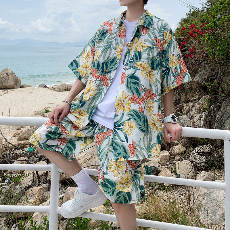 夏季沙滩套装男宽松潮流三亚旅游度假花衣服冰丝透气海边情侣夏装