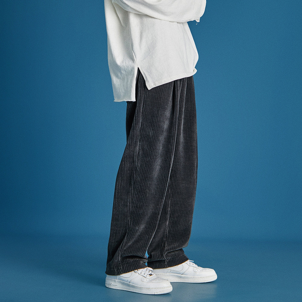 雪尼尔拖地裤男韩国chic百搭条纹休闲灯芯绒直筒宽松阔腿长裤潮男