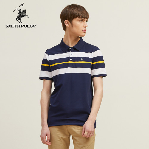SMITHPOLOV斯密特保罗新款撞色条纹POLO衫男短袖薄款休闲翻领T恤
