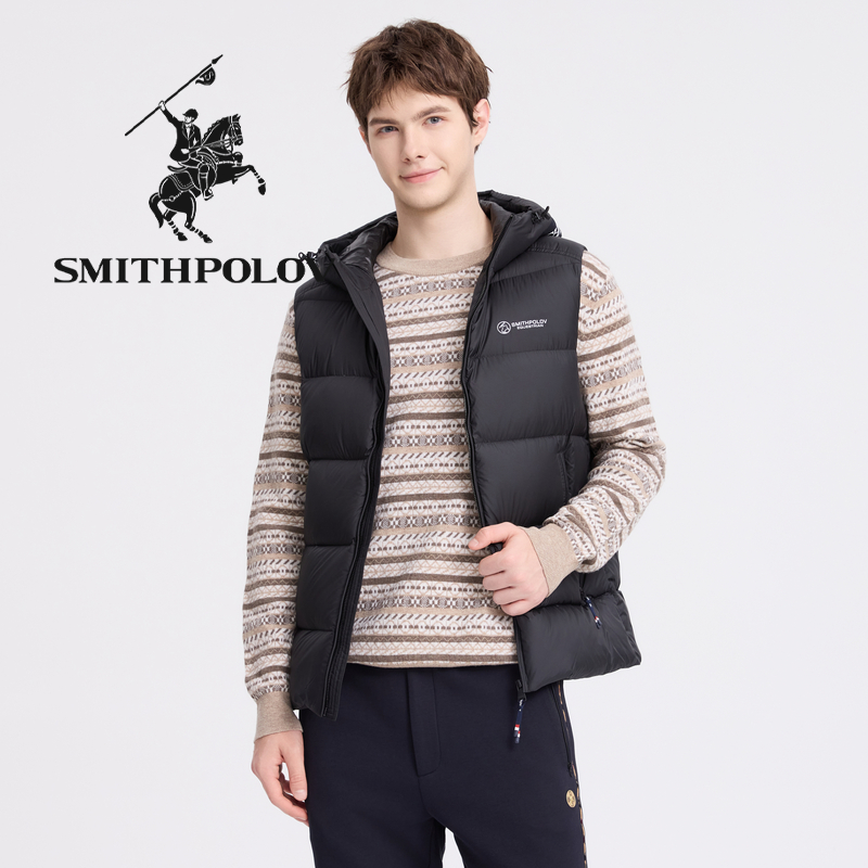 SMITHPOLOV斯密特保罗男士羽绒马甲冬季新款时尚连帽鸭绒马夹外套