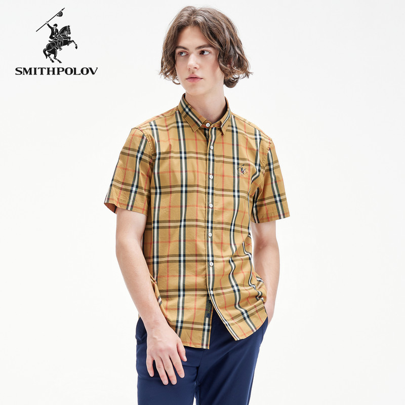 SMITHPOLOV斯密特保罗夏季新款男短袖休闲格子衬衫男潮商务烫衬衣
