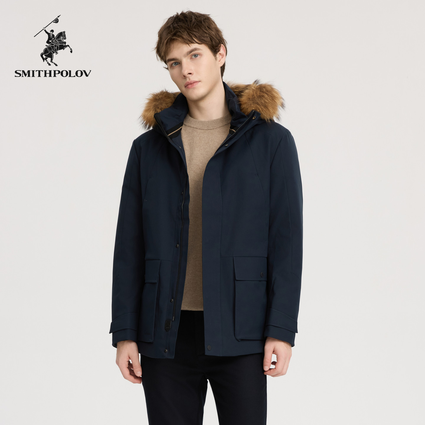 SMITHPOLOV斯密特保罗纯色中长款羽绒服男士冬季连帽毛领保暖外套