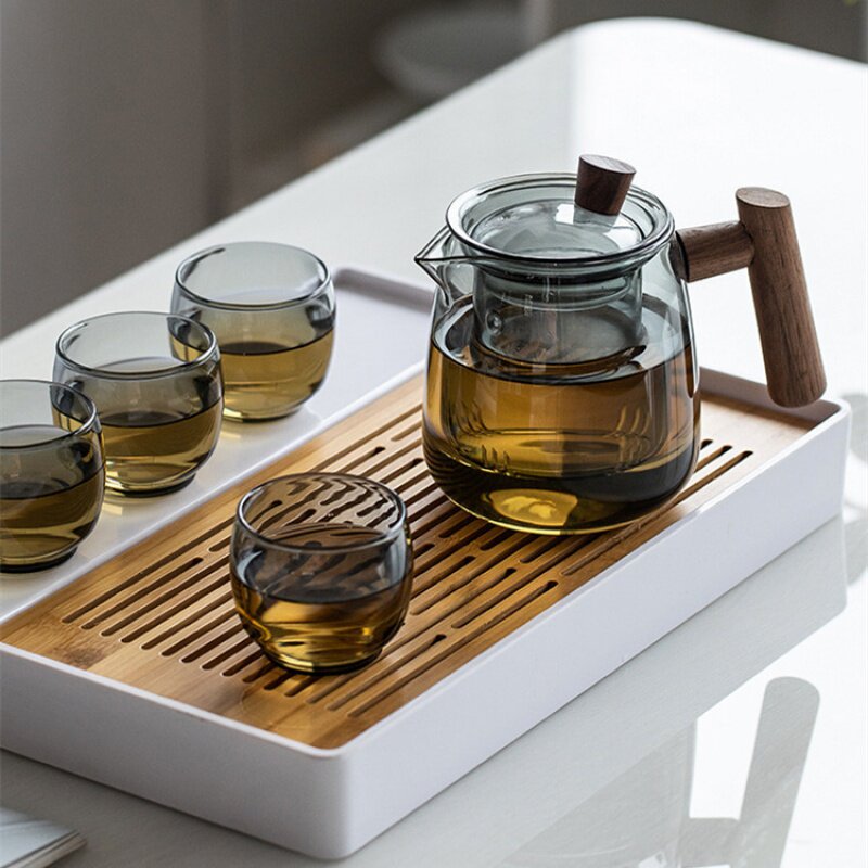 烟青色玻璃花茶泡茶壶家用侧木把过滤花茶壶透明玻璃可加热煮茶壶