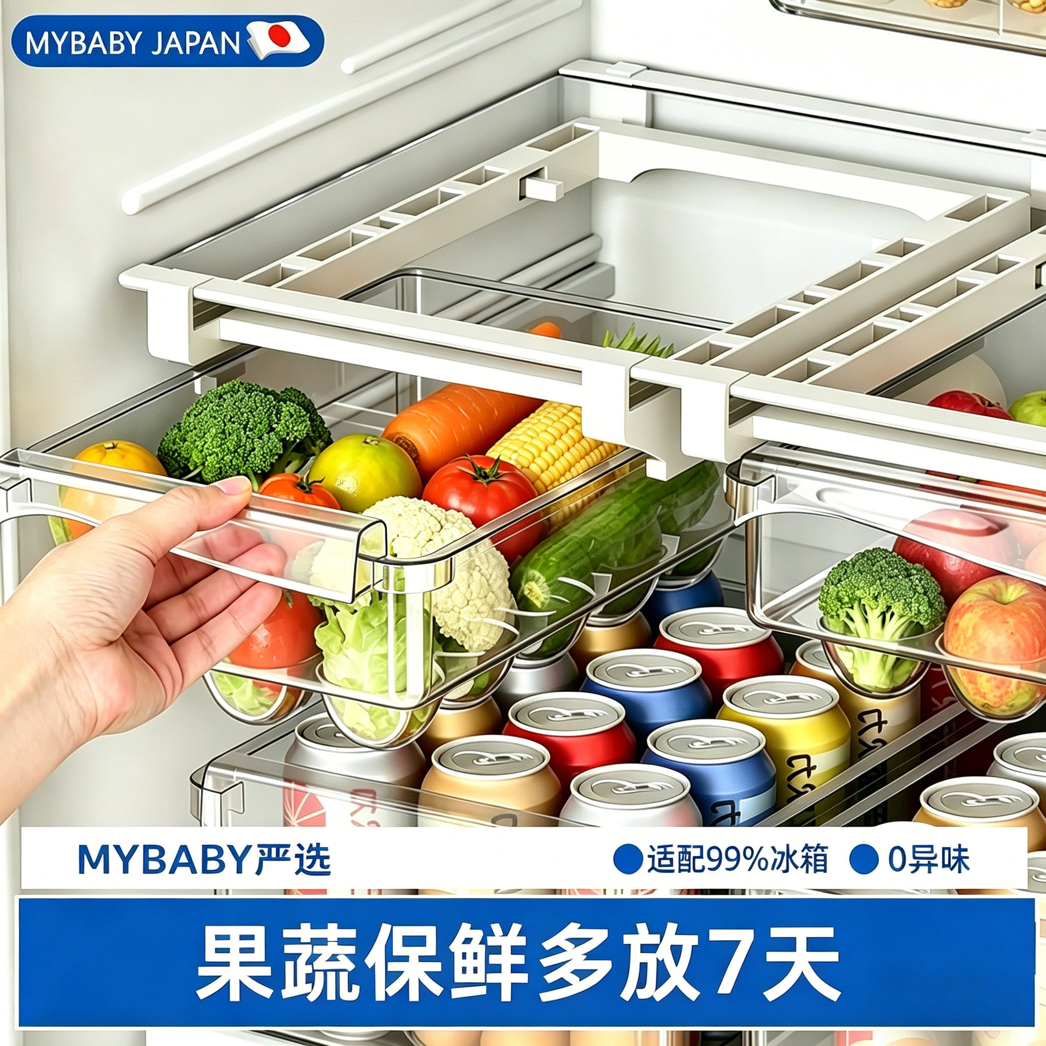 日本冰箱收纳盒悬挂抽屉式整理盒厨房蔬菜透明保鲜整理盒冰箱专用