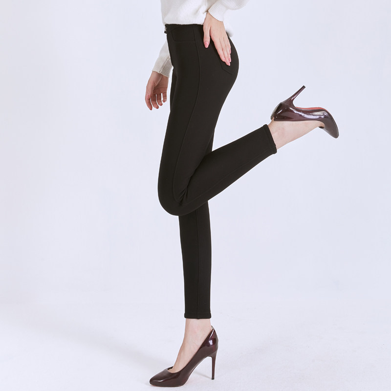 羊老大厚款加绒黑色打底裤女 时尚外穿高腰弹力小脚裤保暖棉裤