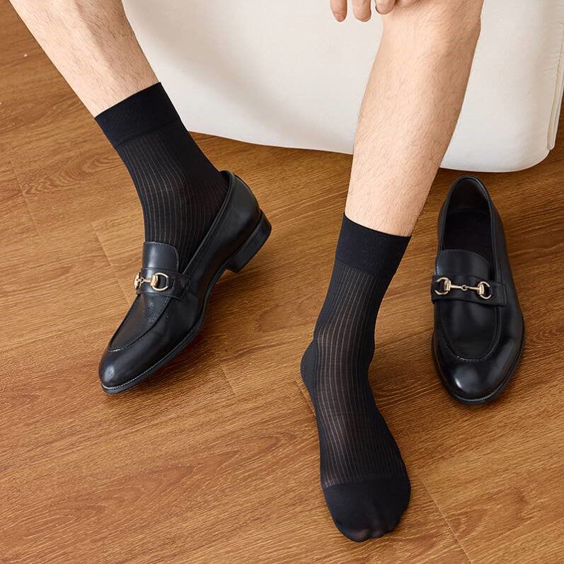 5双男士丝袜短筒夏季薄款锦纶冰丝直筒条纹商务黑色正装皮鞋袜子
