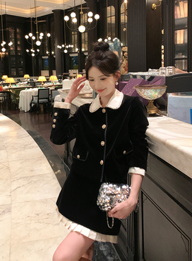 SHAOER 【巴黎画廊】法式显瘦丝绒小香风上衣半裙套装 S725A16162