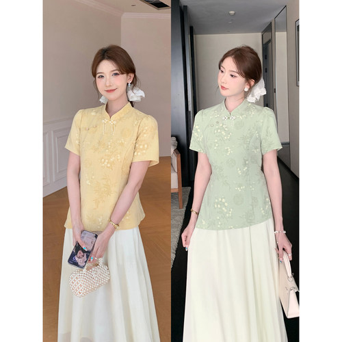 一只烧鹅仔【浅黄入夏】新中式旗袍立领印花A字假两件连衣裙