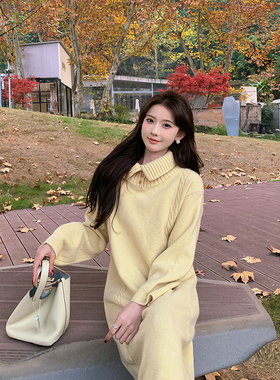SHAOER【巴洛克】韩版冬季慵懒风翻领宽松针织连衣裙女S725Z21003