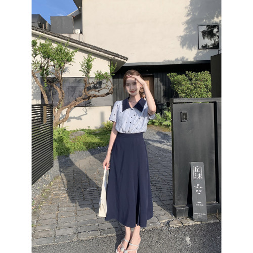 一只烧鹅仔【蓝点信笺】法式蓝色波点条纹拼接撞色假两件连衣裙