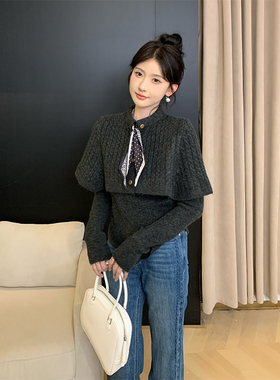SHAOER【怦然心动】复古高级感灰色斗篷披肩针织毛衣 S725Z18484