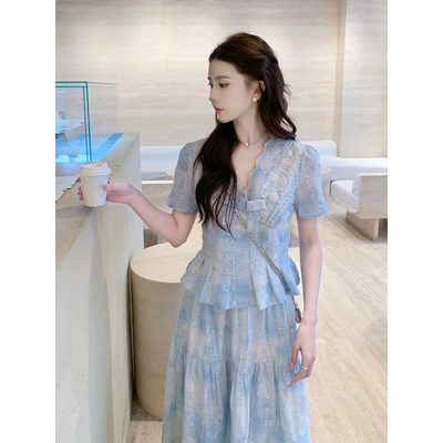 SHAOER【海盐来信】法式蕾丝v领印花绣花上衣半裙S726A02410