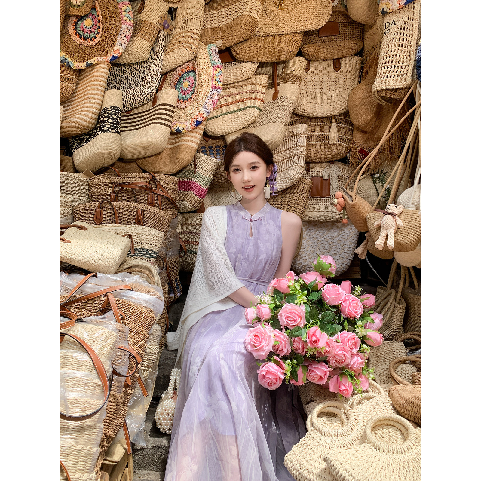 SHAOER【烟紫江南】新中式印花鸢尾花卉雪纺连衣裙S726A03023