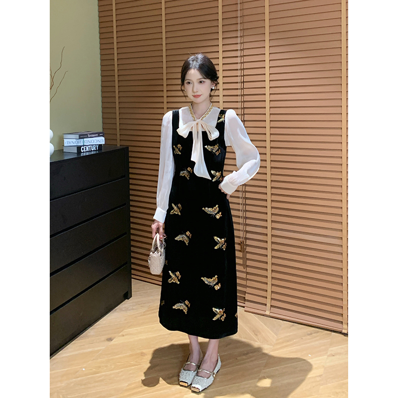 SHAOER【落花蝶雨】初秋新品复古收腰设计感连衣裙女S725Q14187